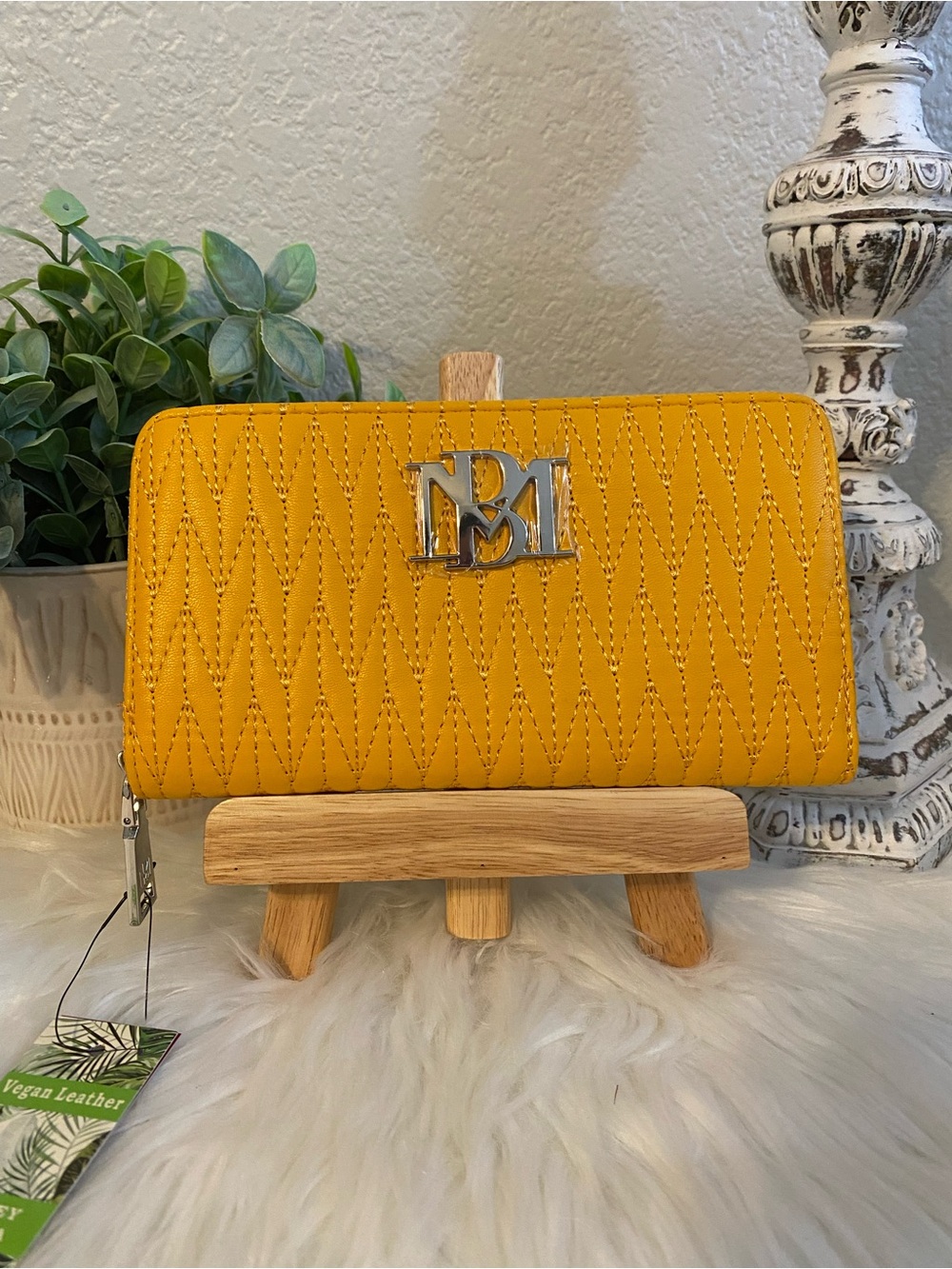 Badgley Mischka Yellow Quilted Vegan Leather Zip Wallet with Silver Logo